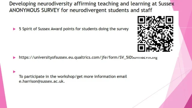 Hi everyone! Take part in this survey and receive 5 spirit of Sussex Award points and help us develop neurodiversity affirming teaching and learning at Sussex for neurodivergent students and staff 

Email e.harrison@sussex.ac.uk for more info! :)