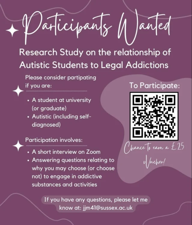 Interested in taking part in a study about Autism and addiction? 

Fill in this form, and email jjm41@sussex.ac.uk for more info :) 
https://forms.gle/vnpy6P5UwtZPRwPdA