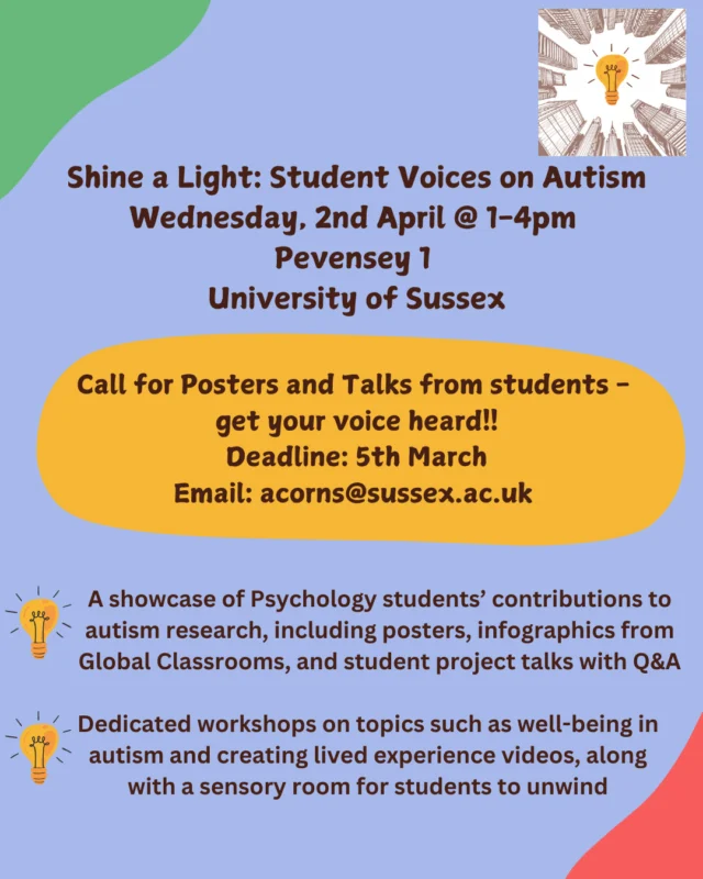 Hi everyone! For Autism Acceptance week 2025, ACoRNS and the COALESCE Lab Present: Shine A light: Student Voices on Autism. 

This event will be open to anyone that wants to celebrate and learn more about autism, and anyone who wants to get involved by giving a talk or presenting a poster about their autism research is encouraged to email acorns@sussex.ac.uk 🙂