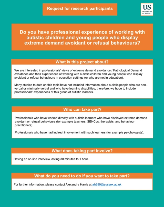 Hi everyone! 
Do you have professional experience of working with autistic children and young people who display extreme demand avoidant or refusal behaviours, and would be interested in taking part in this study?

Email Alexandra Harris at ah899@sussex.ac.uk for more info!