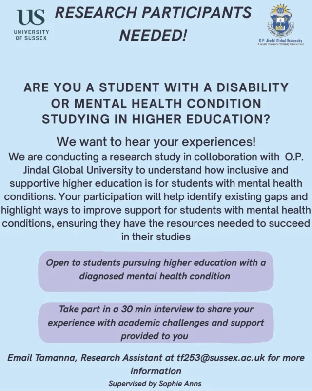 Hi everyone! 

Are you a student with a disability or mental health condition studying in higher education and want to take part in this study? 

Email tf253@sussex.ac.uk for more info :)